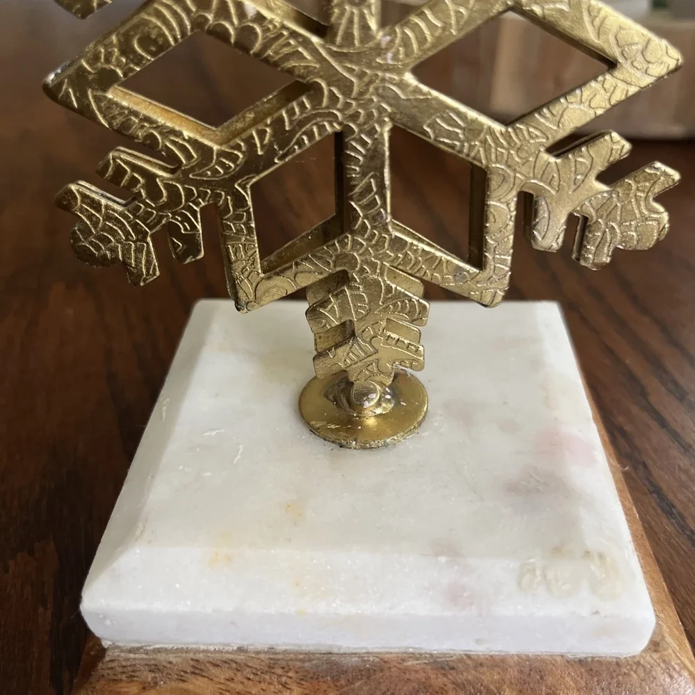 Metal Menorah With Snowflake Decor Hanukkah Brutalist Marble Wood Base See Photo